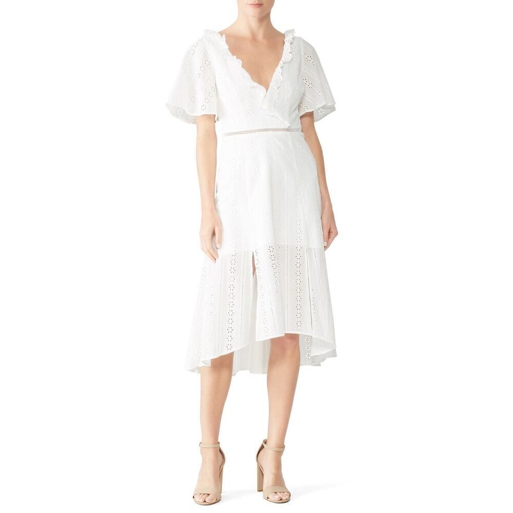 Finders Keepers Sundays Dress Women's XS White High Low Midi Eyelet Short Sleeve